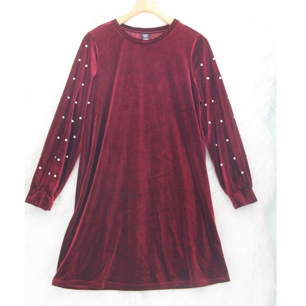 Emery Rose Dress Women's Size XL Red Velvet Pearl Sleeve Shift Mini Whimsigoth